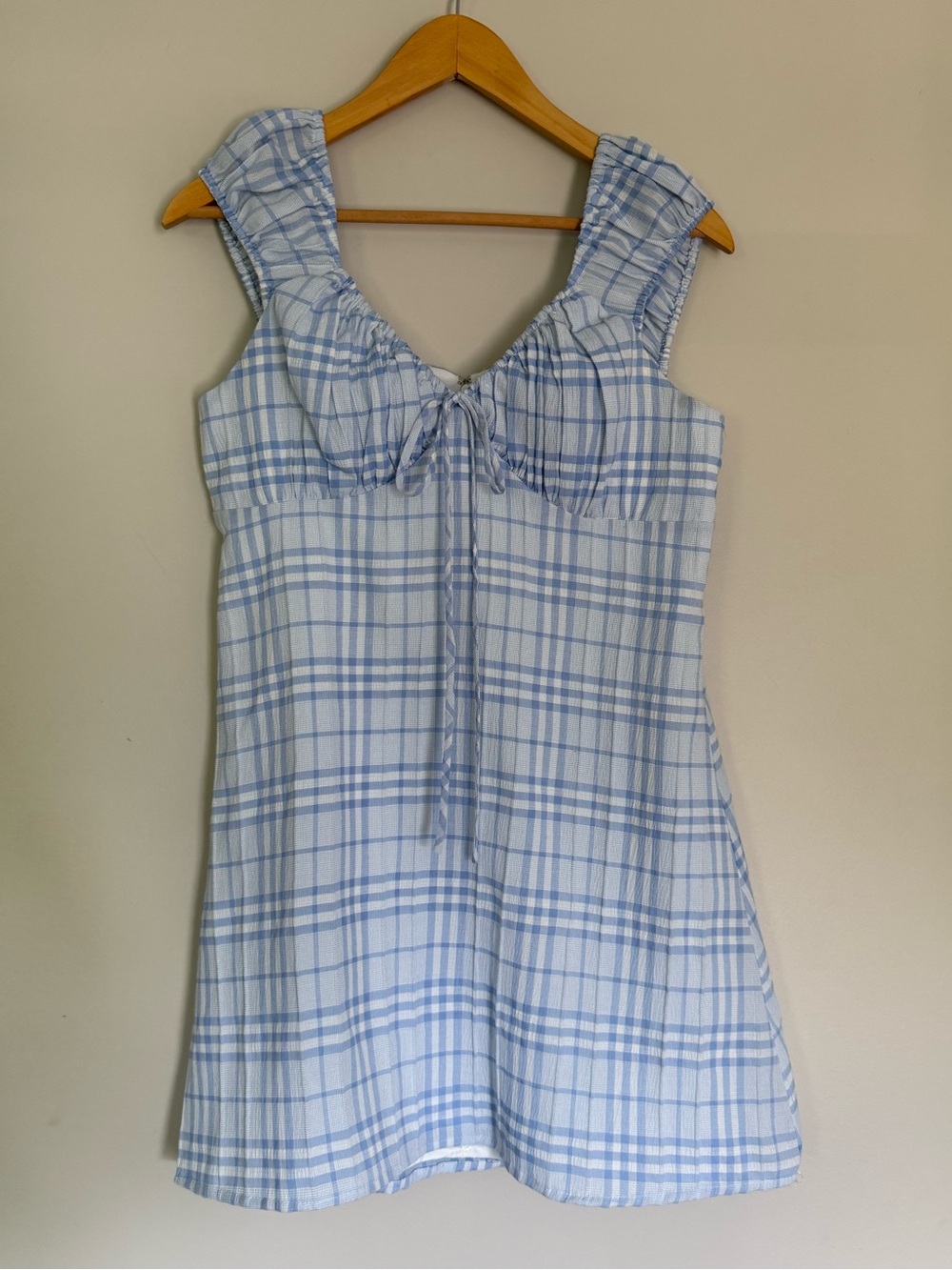 WAYF Blue & White Plaid Mini Dress Romantic Tie-Front Detail Gingham Sz M